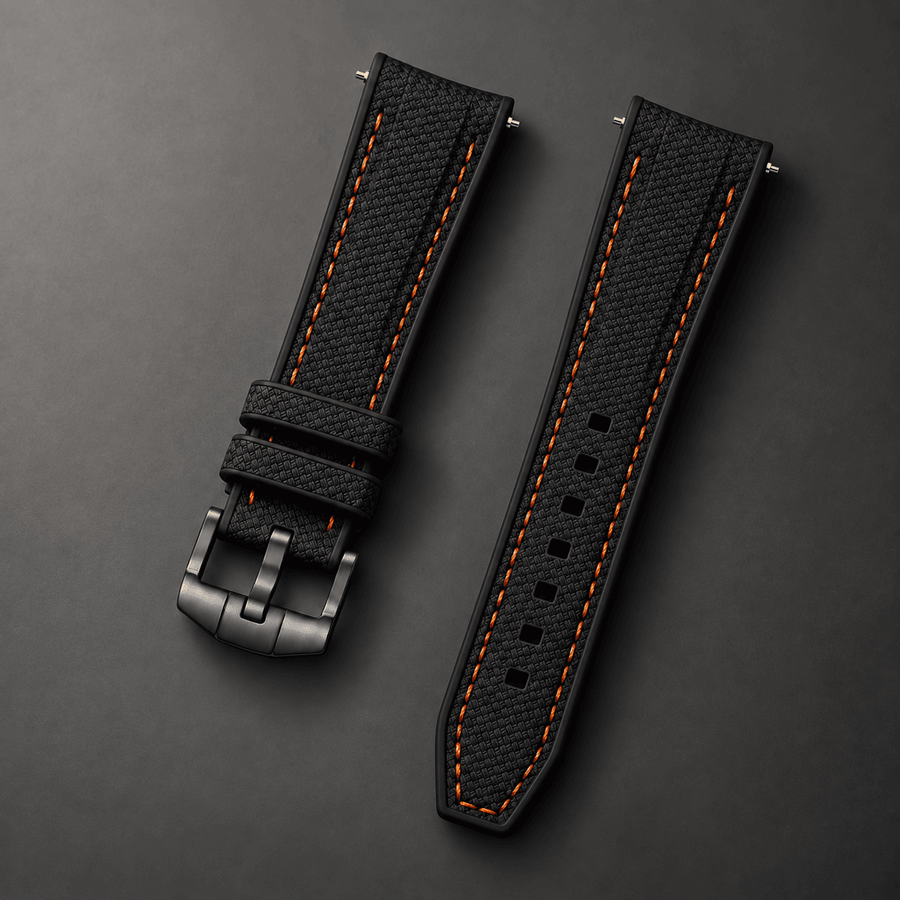 Textured Strap for MoonSwatch — Black / Orange Stitching