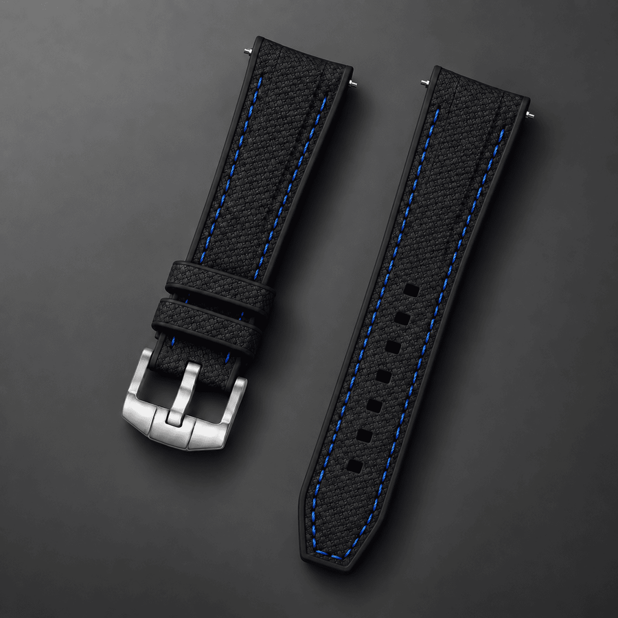 Textured Strap for MoonSwatch — Black / Blue Stitching