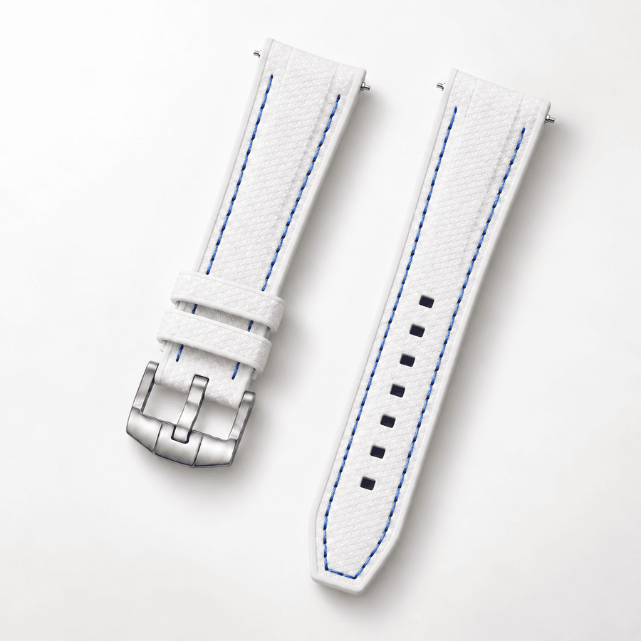 Textured Strap for MoonSwatch — White / Blue Stitching