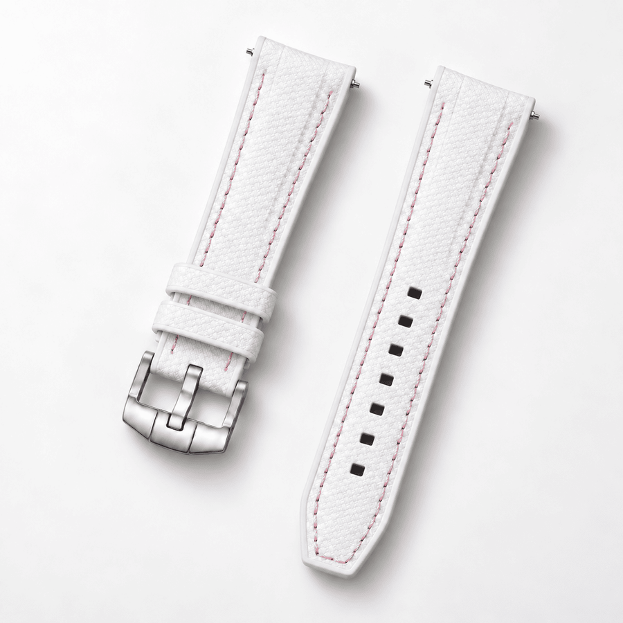 Textured Strap for MoonSwatch — White / Pink Stitching